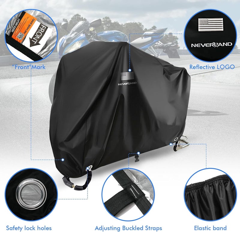 NEVERLAND Motorcycle Cover Waterproof Outdoor - Black Heavy Duty Scooter Cover, Motorbike Cover with Refletive Logo, Lock-Hole, Bandage, Storage Bag-Protect Against Dust, Debris, Rain and Weather(L) - Image 4